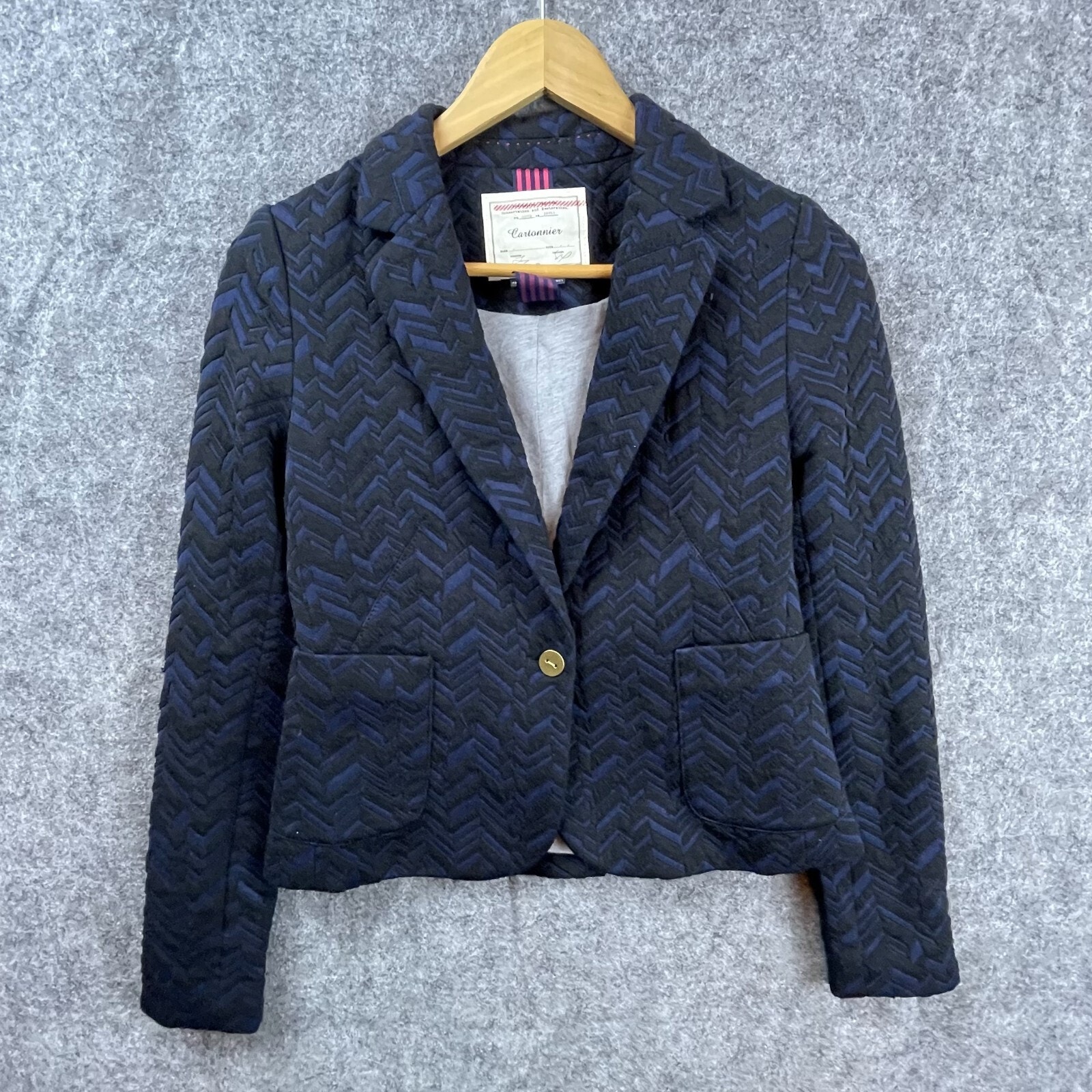Anthropologie Cartonnier Bas Relief Blazer Jacket Womens 2 Blue Black Chevron